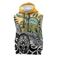 New Zealand Australia Rugby Custom Sleeveless Zip Hoodie Wallabies Aboriginal All Black Maori Tiki Together - Polynesian Pride