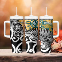 New Zealand Australia Rugby Tumbler With Handle Wallabies Aboriginal All Black Maori Tiki Together - Polynesian Pride