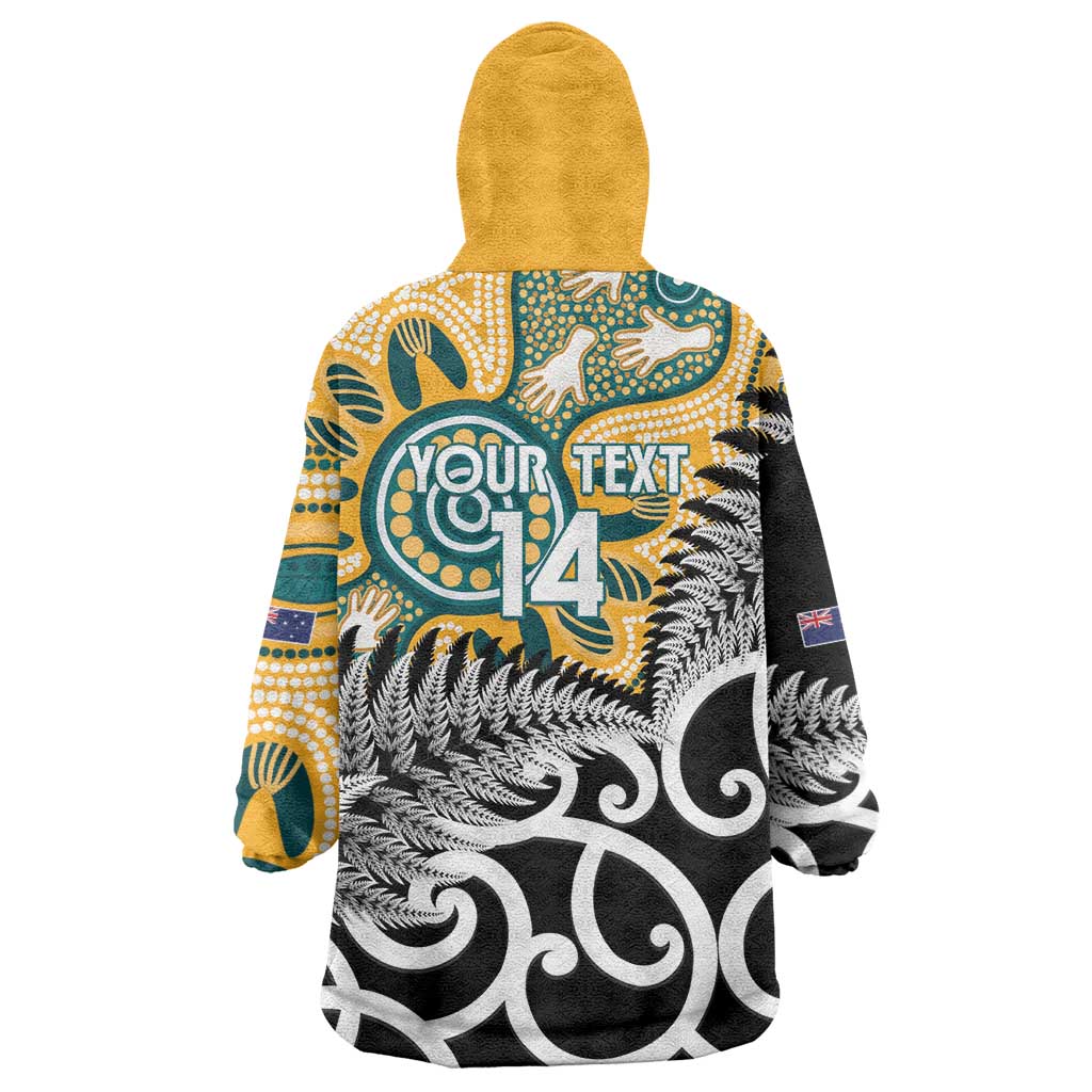 New Zealand Australia Rugby Custom Wearable Blanket Hoodie Wallabies Aboriginal All Black Maori Tiki Together - Polynesian Pride