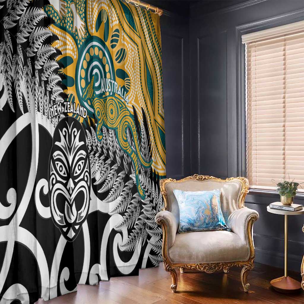 New Zealand Australia Rugby Window Curtain Wallabies Aboriginal All Black Maori Tiki Together - Polynesian Pride