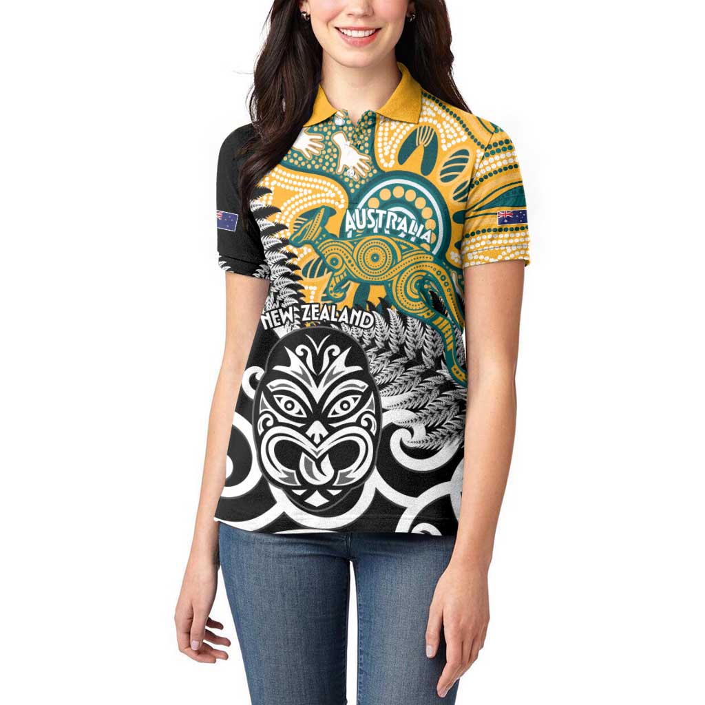 New Zealand Australia Rugby Custom Women Polo Shirt Wallabies Aboriginal All Black Maori Tiki Together - Polynesian Pride