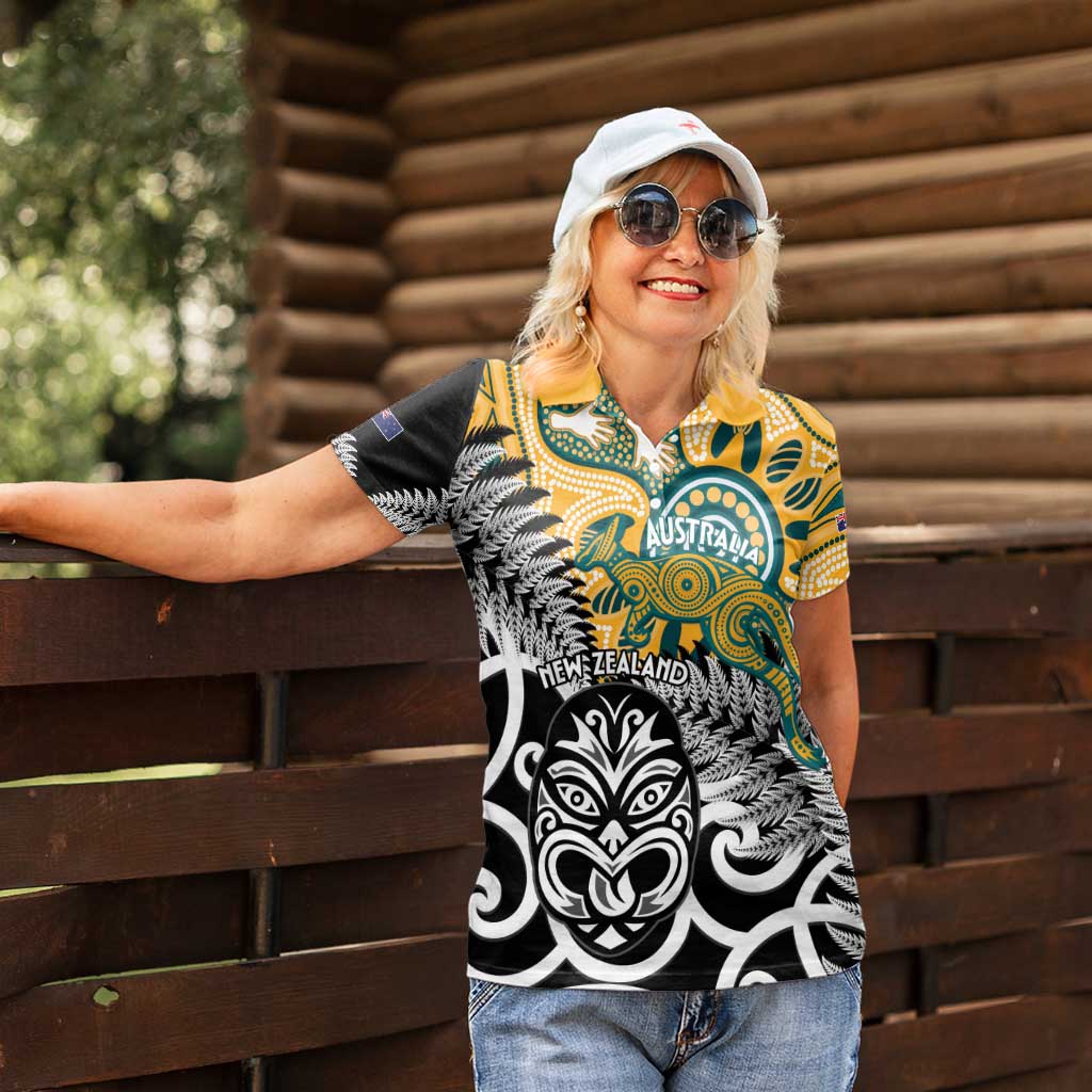 New Zealand Australia Rugby Custom Women Polo Shirt Wallabies Aboriginal All Black Maori Tiki Together - Polynesian Pride