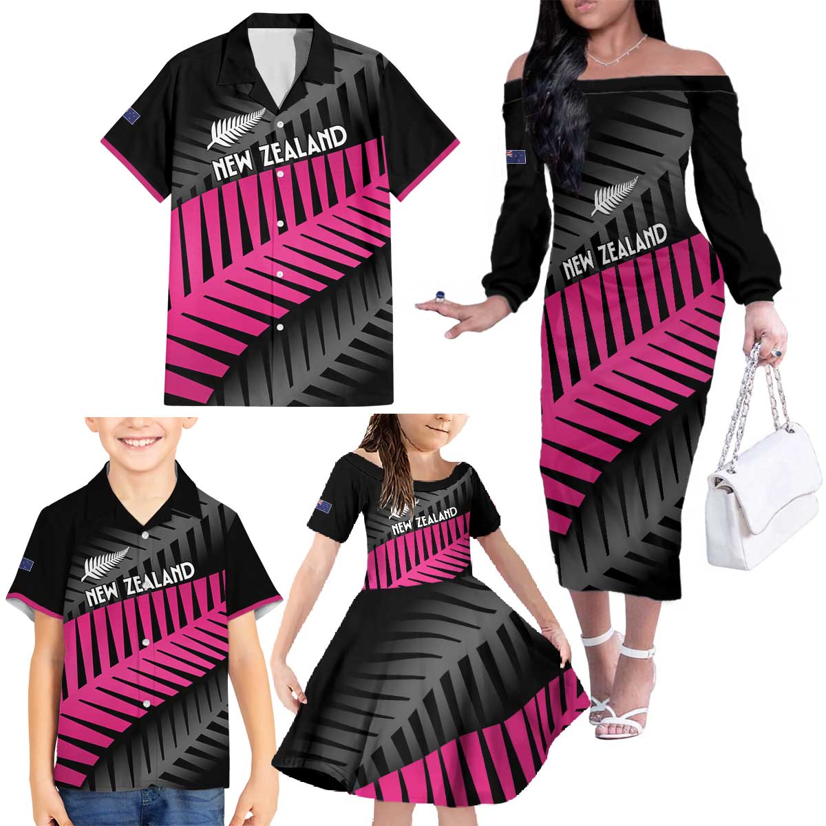 New Zealand Silver Fern Rugby Custom Family Matching Off The Shoulder Long Sleeve Dress and Hawaiian Shirt 2025 All Black Go Champions - Polynesian Pride