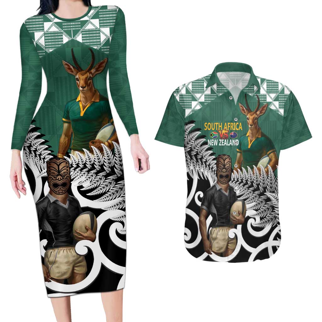 New Zealand South Africa Rugby Custom Couples Matching Long Sleeve Bodycon Dress and Hawaiian Shirt Springboks Kente All Black Maori Together - Polynesian Pride