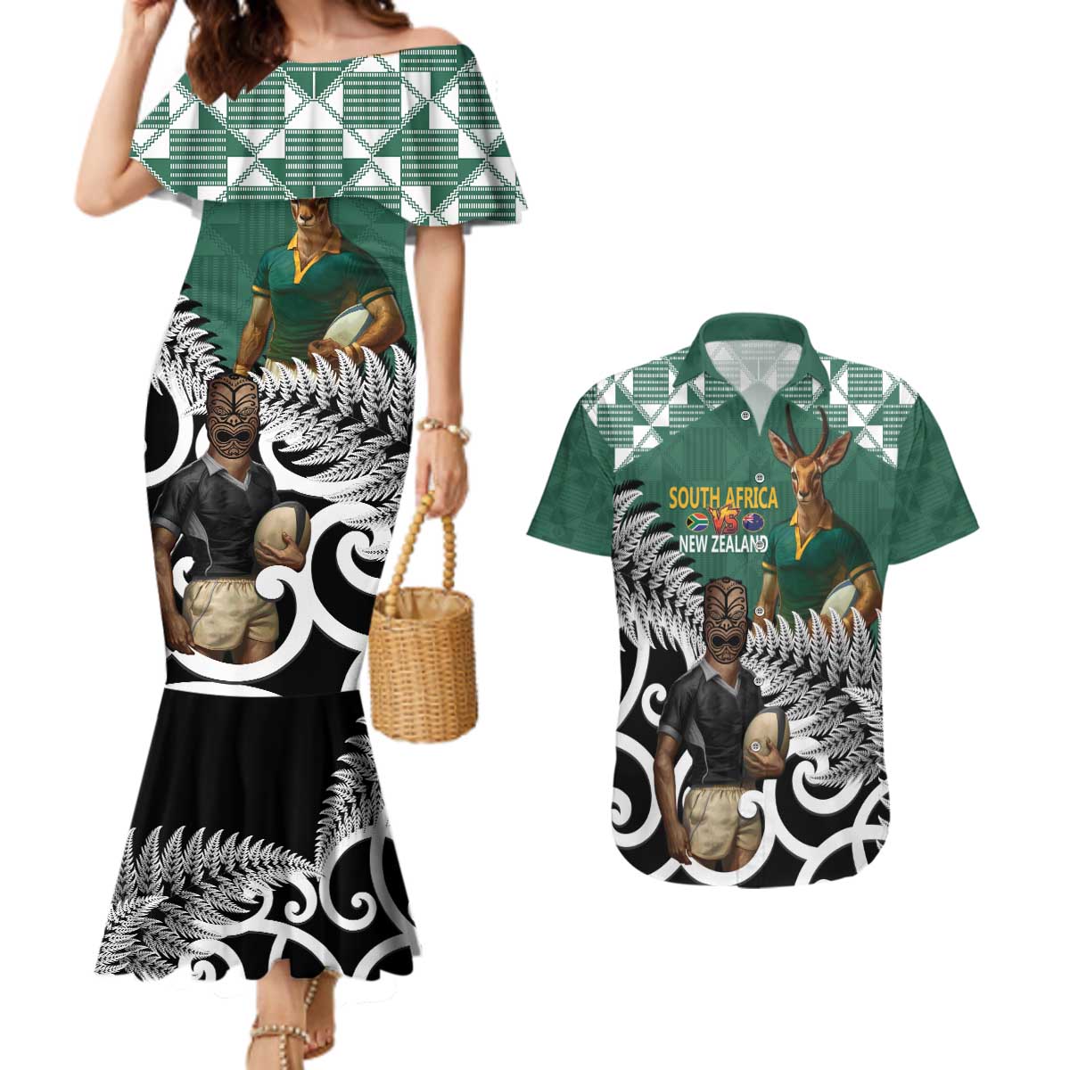 New Zealand South Africa Rugby Custom Couples Matching Mermaid Dress and Hawaiian Shirt Springboks Kente All Black Maori Together - Polynesian Pride