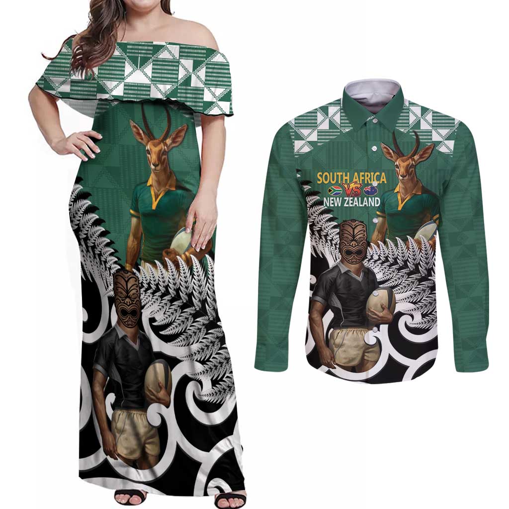 New Zealand South Africa Rugby Custom Couples Matching Off Shoulder Maxi Dress and Long Sleeve Button Shirt Springboks Kente All Black Maori Together - Polynesian Pride