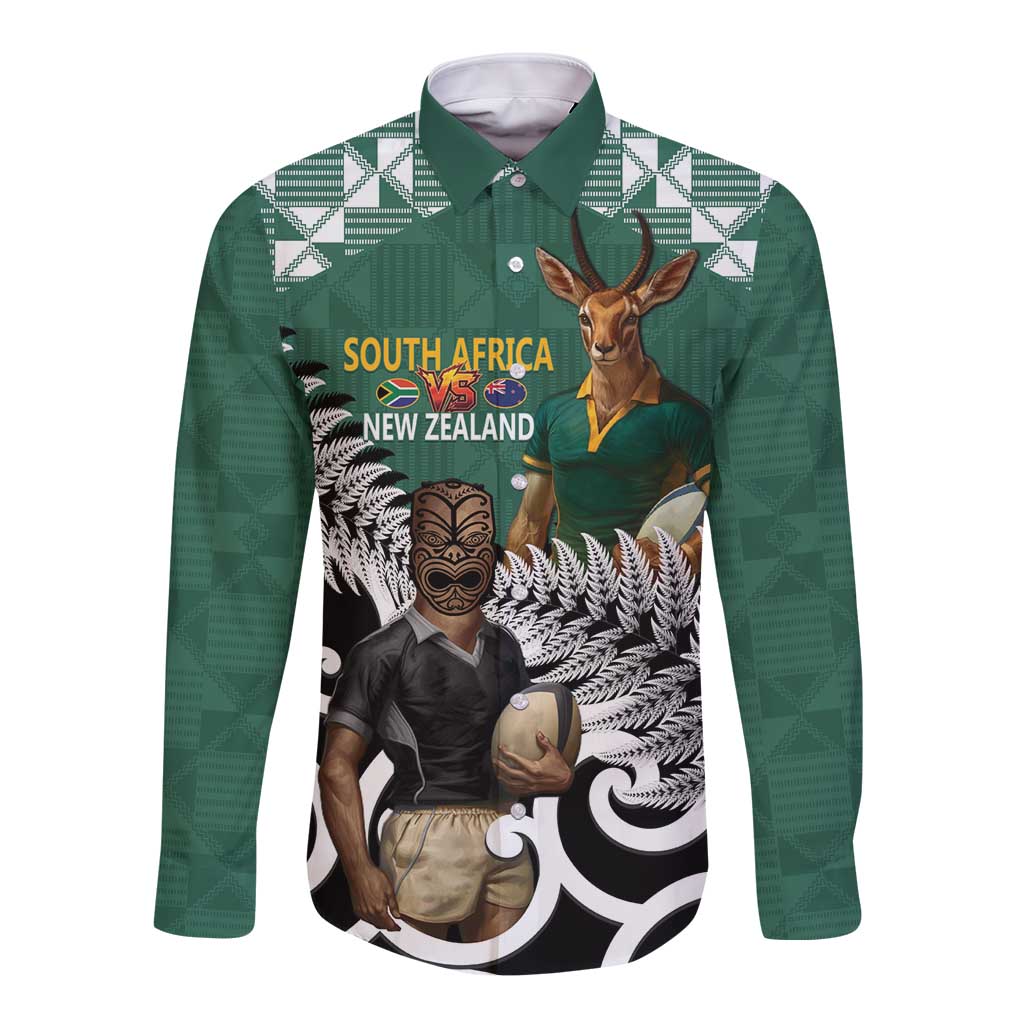 New Zealand South Africa Rugby Custom Long Sleeve Button Shirt Springboks Kente All Black Maori Together - Polynesian Pride