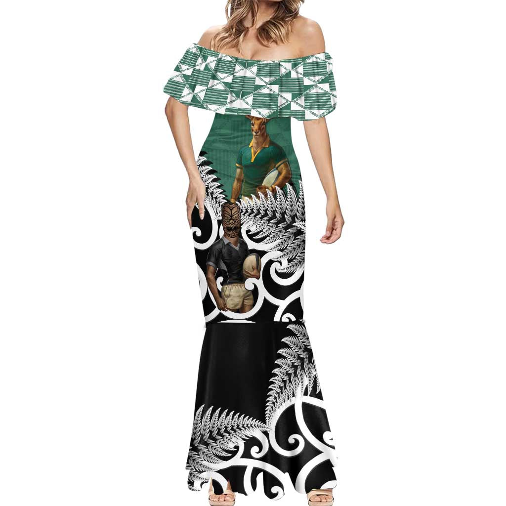 New Zealand South Africa Rugby Custom Mermaid Dress Springboks Kente All Black Maori Together - Polynesian Pride