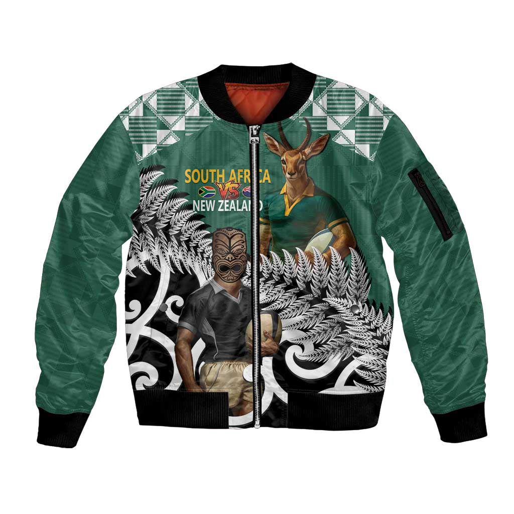 New Zealand South Africa Rugby Custom Sleeve Zip Bomber Jacket Springboks Kente All Black Maori Together - Polynesian Pride