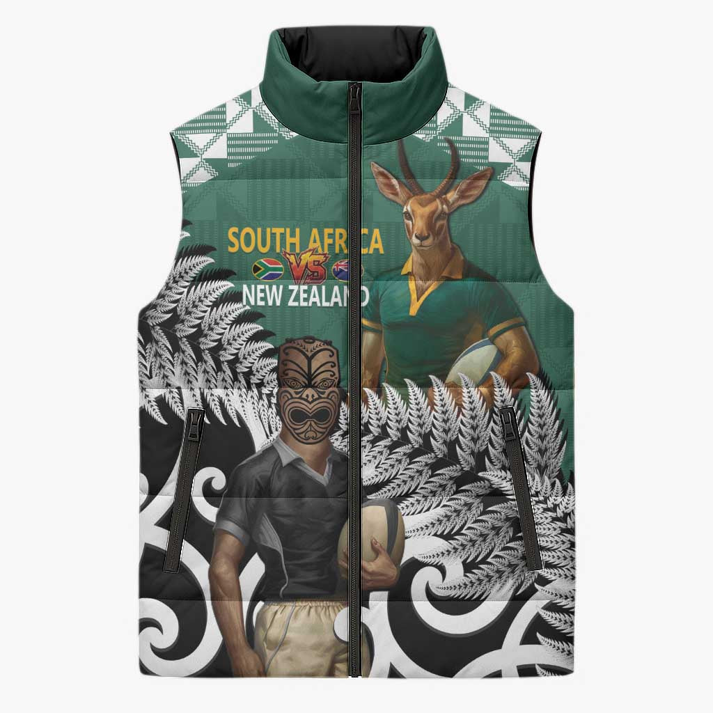 New Zealand South Africa Rugby Custom Sleeveless Puffer Jacket Springboks Kente All Black Maori Together - Polynesian Pride