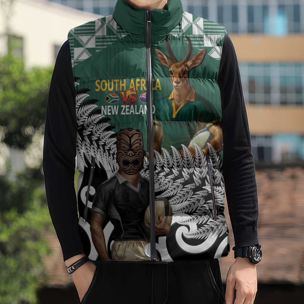 New Zealand South Africa Rugby Custom Sleeveless Puffer Jacket Springboks Kente All Black Maori Together - Polynesian Pride