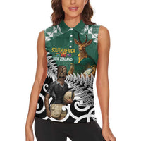 New Zealand South Africa Rugby Custom Women Sleeveless Polo Shirt Springboks Kente All Black Maori Together - Polynesian Pride