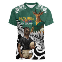 New Zealand South Africa Rugby Custom Women V-Neck T-Shirt Springboks Kente All Black Maori Together - Polynesian Pride