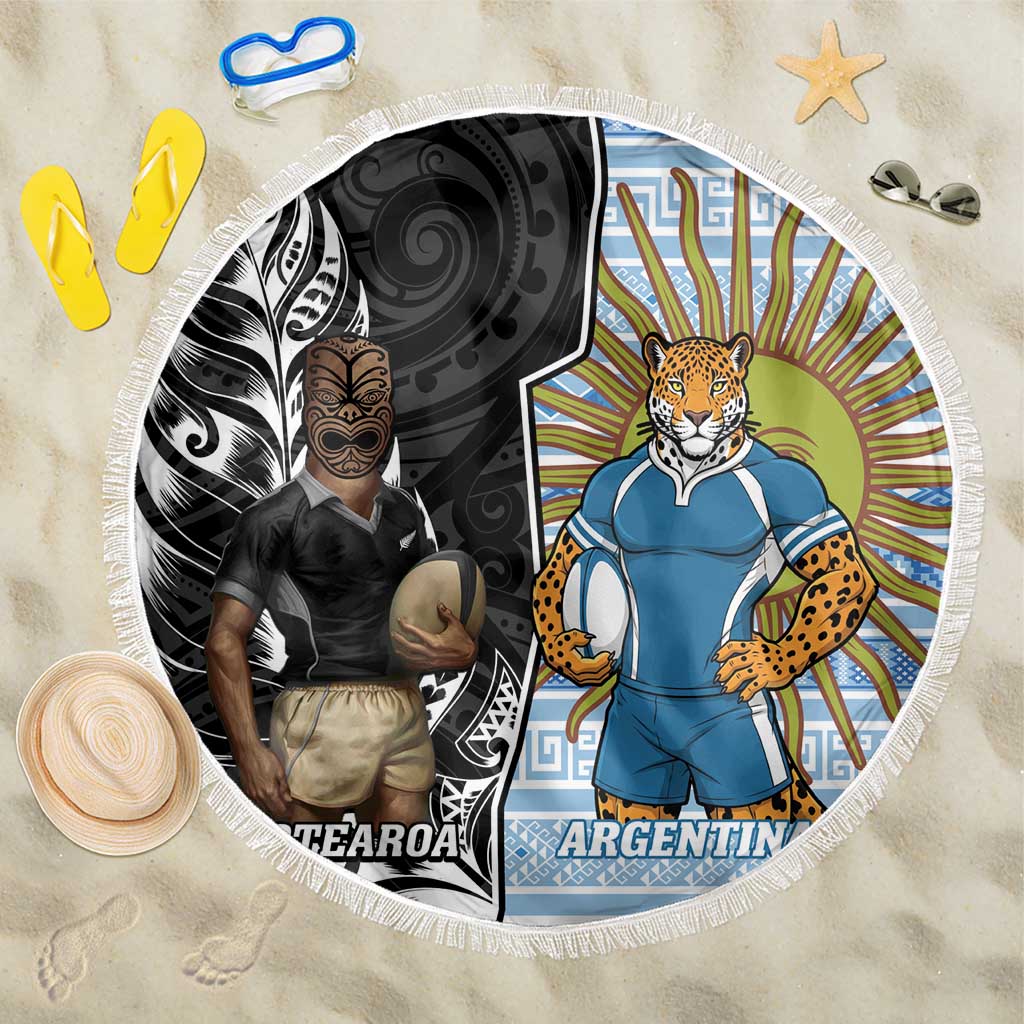 New Zealand Argentina Rugby Beach Blanket 2025 Los Pumas All Black Together - Polynesian Pride