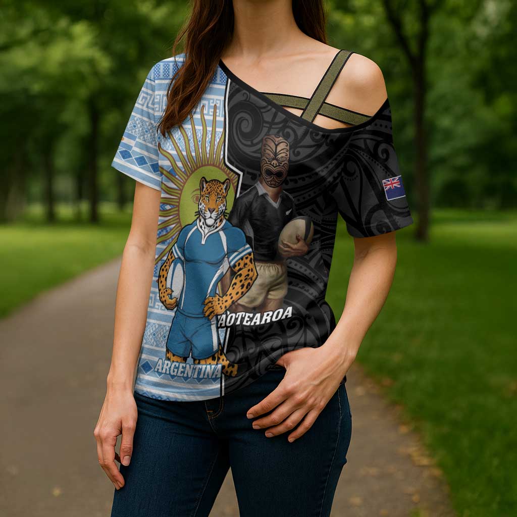 New Zealand Argentina Rugby Custom Cross Shoulder Shirt 2025 Los Pumas All Black Together - Polynesian Pride