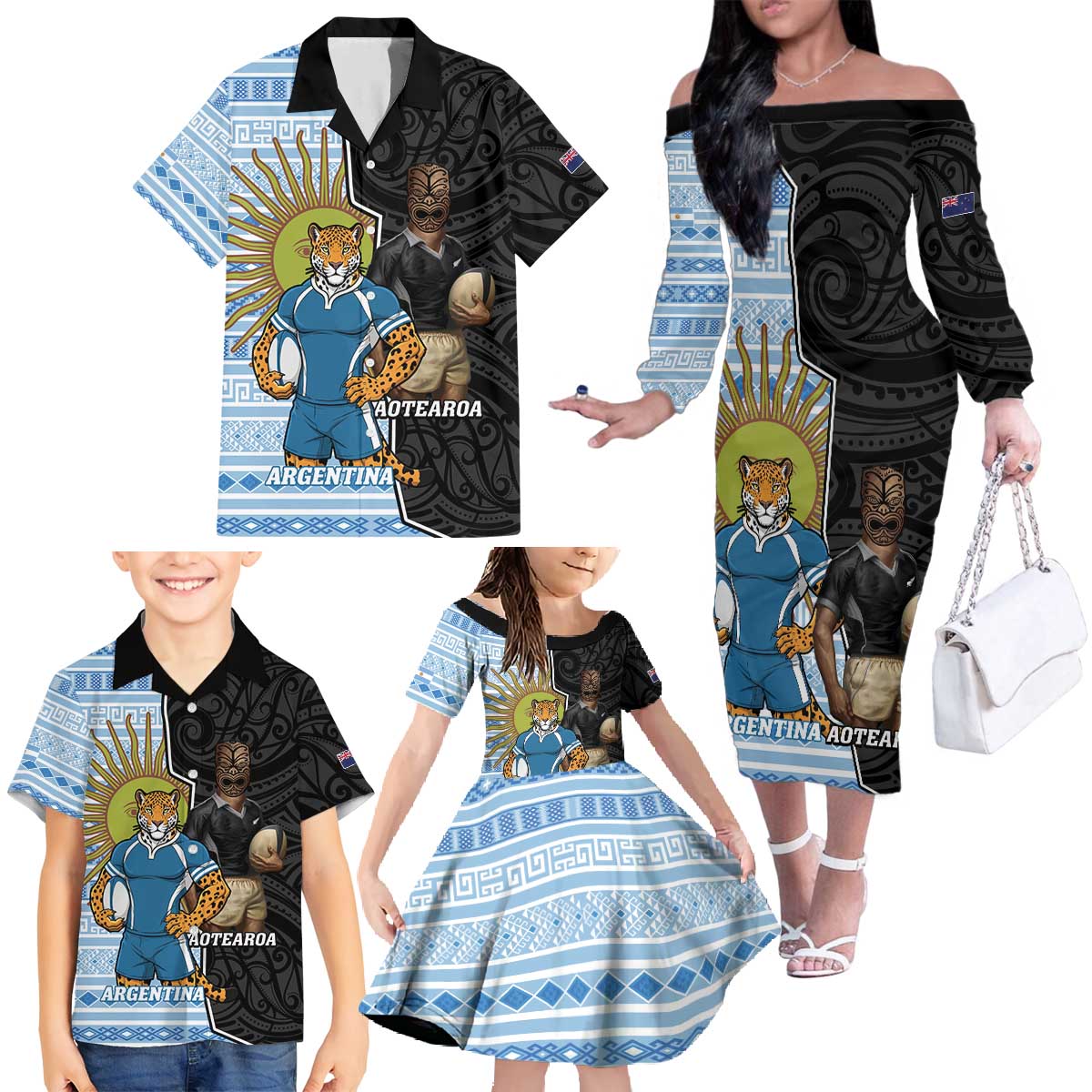 New Zealand Argentina Rugby Custom Family Matching Off The Shoulder Long Sleeve Dress and Hawaiian Shirt 2025 Los Pumas All Black Together - Polynesian Pride
