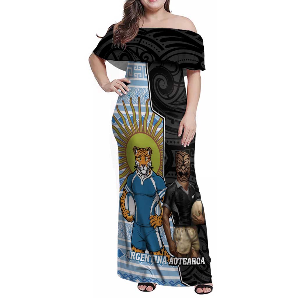 New Zealand Argentina Rugby Custom Family Matching Off Shoulder Maxi Dress and Hawaiian Shirt 2025 Los Pumas All Black Together - Polynesian Pride