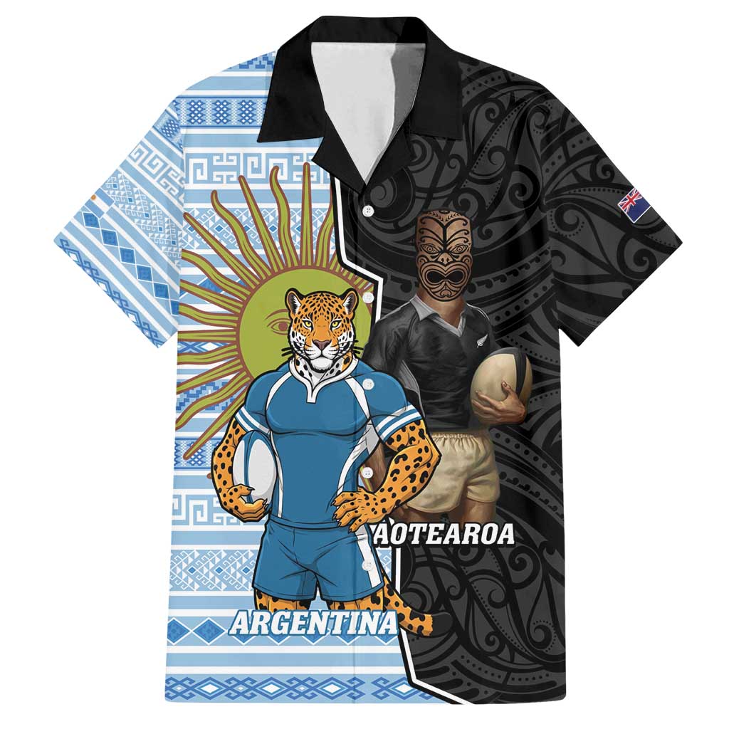 New Zealand Argentina Rugby Custom Family Matching Off Shoulder Short Dress and Hawaiian Shirt 2025 Los Pumas All Black Together - Polynesian Pride