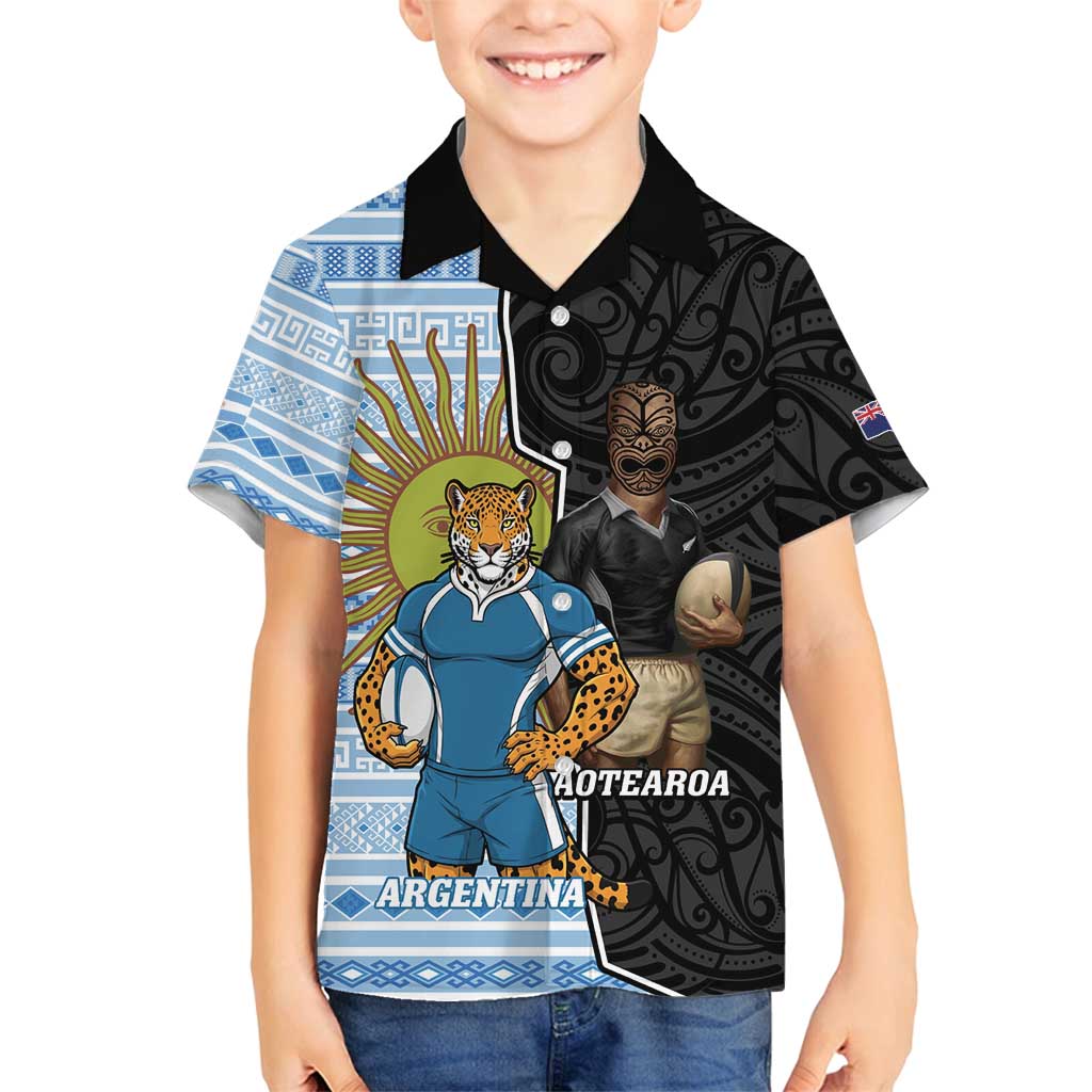 New Zealand Argentina Rugby Custom Family Matching Off Shoulder Short Dress and Hawaiian Shirt 2025 Los Pumas All Black Together - Polynesian Pride