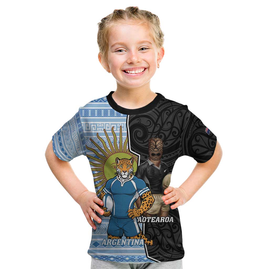 New Zealand Argentina Rugby Custom Kid T Shirt 2025 Los Pumas All Black Together - Polynesian Pride