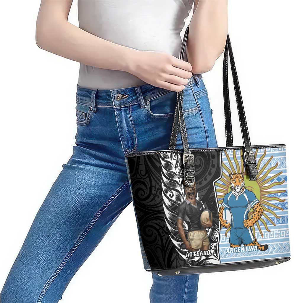 New Zealand Argentina Rugby Leather Tote Bag 2025 Los Pumas All Black Together - Polynesian Pride