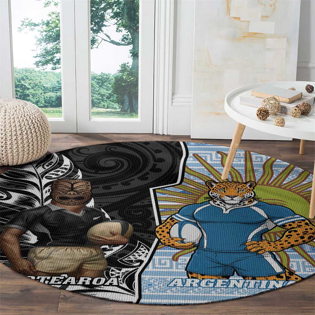 New Zealand Argentina Rugby Round Carpet 2025 Los Pumas All Black Together - Polynesian Pride