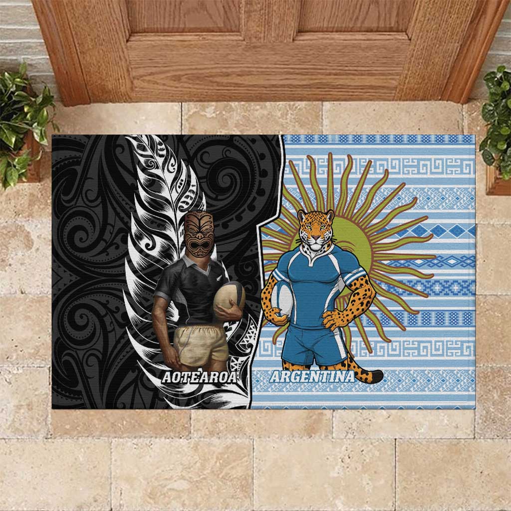 New Zealand Argentina Rugby Rubber Doormat 2025 Los Pumas All Black Together - Polynesian Pride