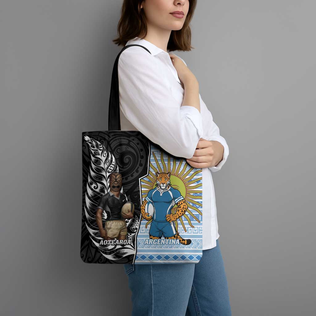 New Zealand Argentina Rugby Tote Bag 2025 Los Pumas All Black Together - Polynesian Pride