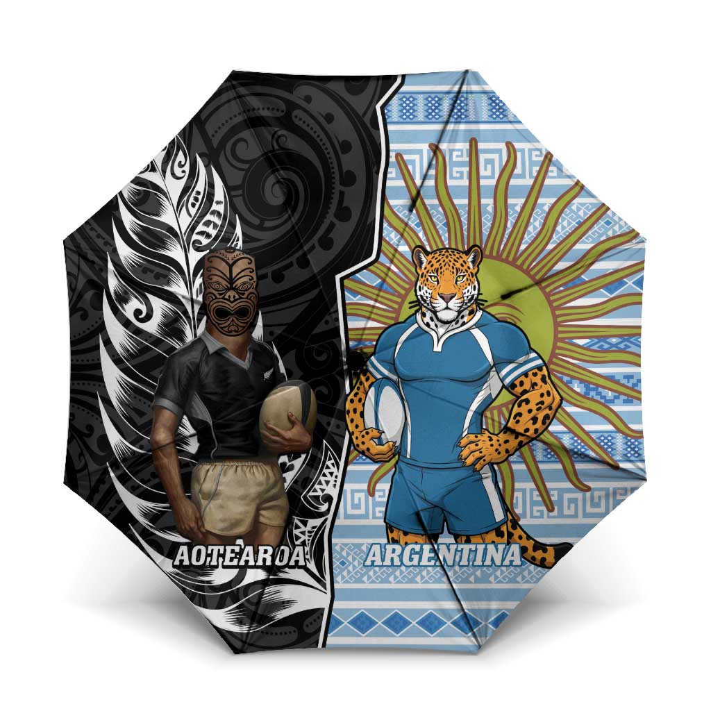 New Zealand Argentina Rugby Umbrella 2025 Los Pumas All Black Together - Polynesian Pride