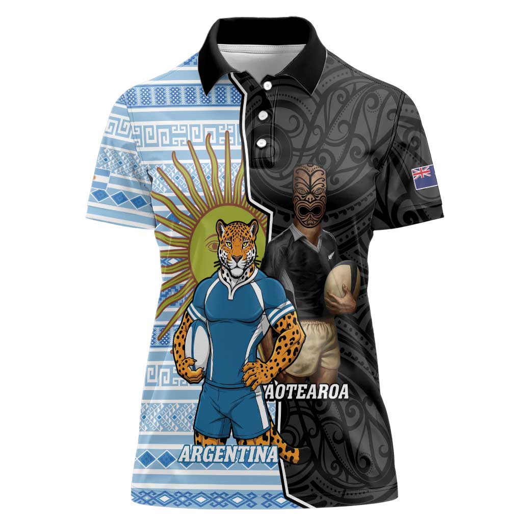 New Zealand Argentina Rugby Custom Women Polo Shirt 2025 Los Pumas All Black Together - Polynesian Pride
