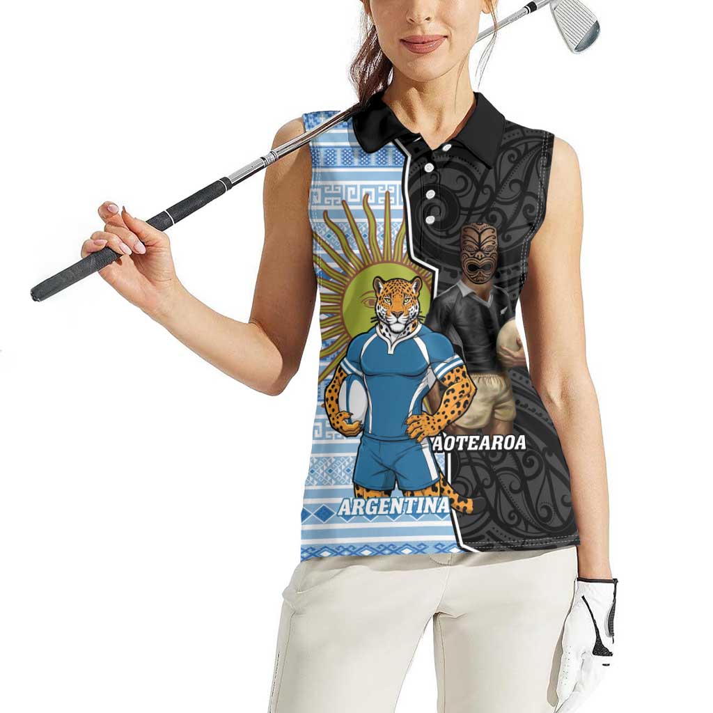 New Zealand Argentina Rugby Custom Women Sleeveless Polo Shirt 2025 Los Pumas All Black Together - Polynesian Pride