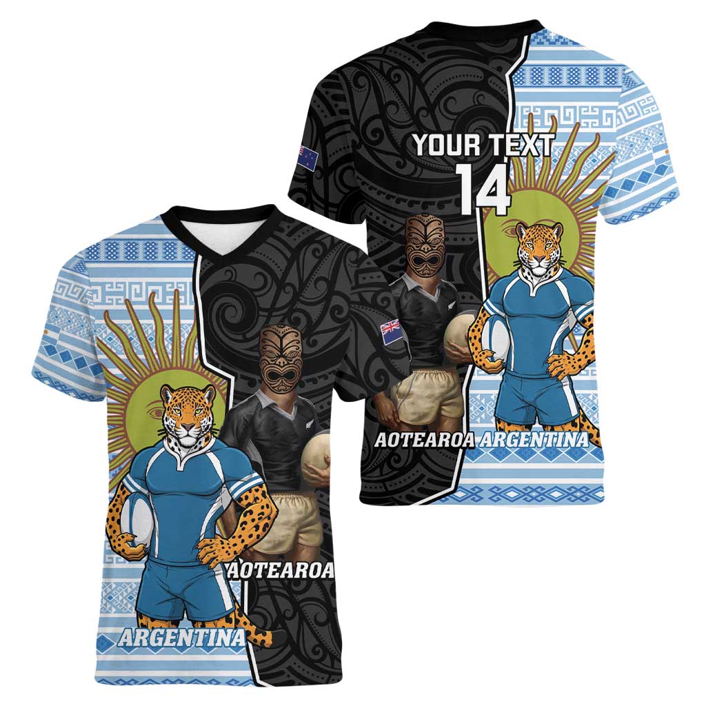 New Zealand Argentina Rugby Custom Women V-Neck T-Shirt 2025 Los Pumas All Black Together - Polynesian Pride