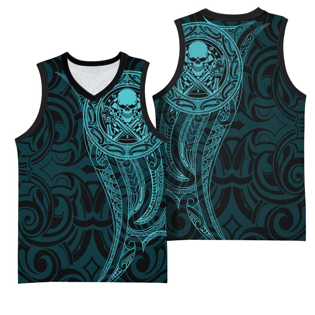New Zealand Skull Darts Basketball Jersey Aotearoa Maori Chest Tattoo Stylized Teal - Polynesian Pride