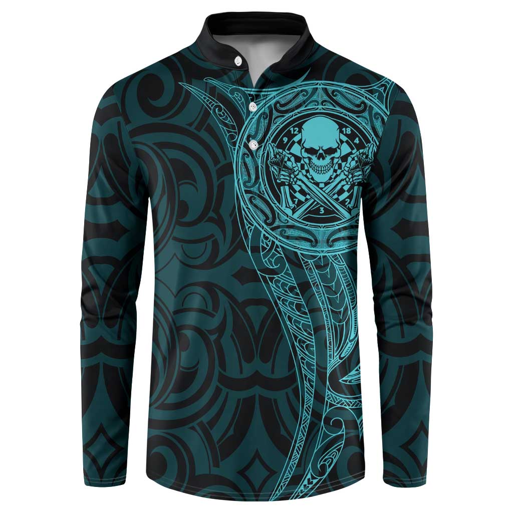 New Zealand Skull Darts Button Sweatshirt Aotearoa Maori Chest Tattoo Stylized Teal - Polynesian Pride
