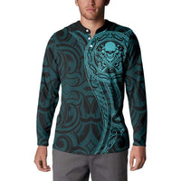 New Zealand Skull Darts Button Sweatshirt Aotearoa Maori Chest Tattoo Stylized Teal - Polynesian Pride