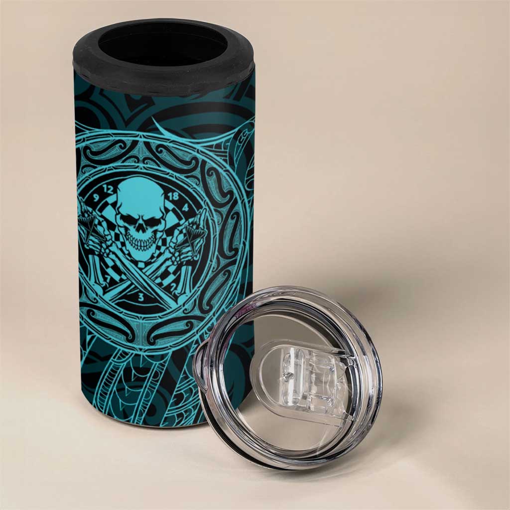 New Zealand Skull Darts 4 in 1 Can Cooler Tumbler Aotearoa Maori Chest Tattoo Stylized Teal - Polynesian Pride
