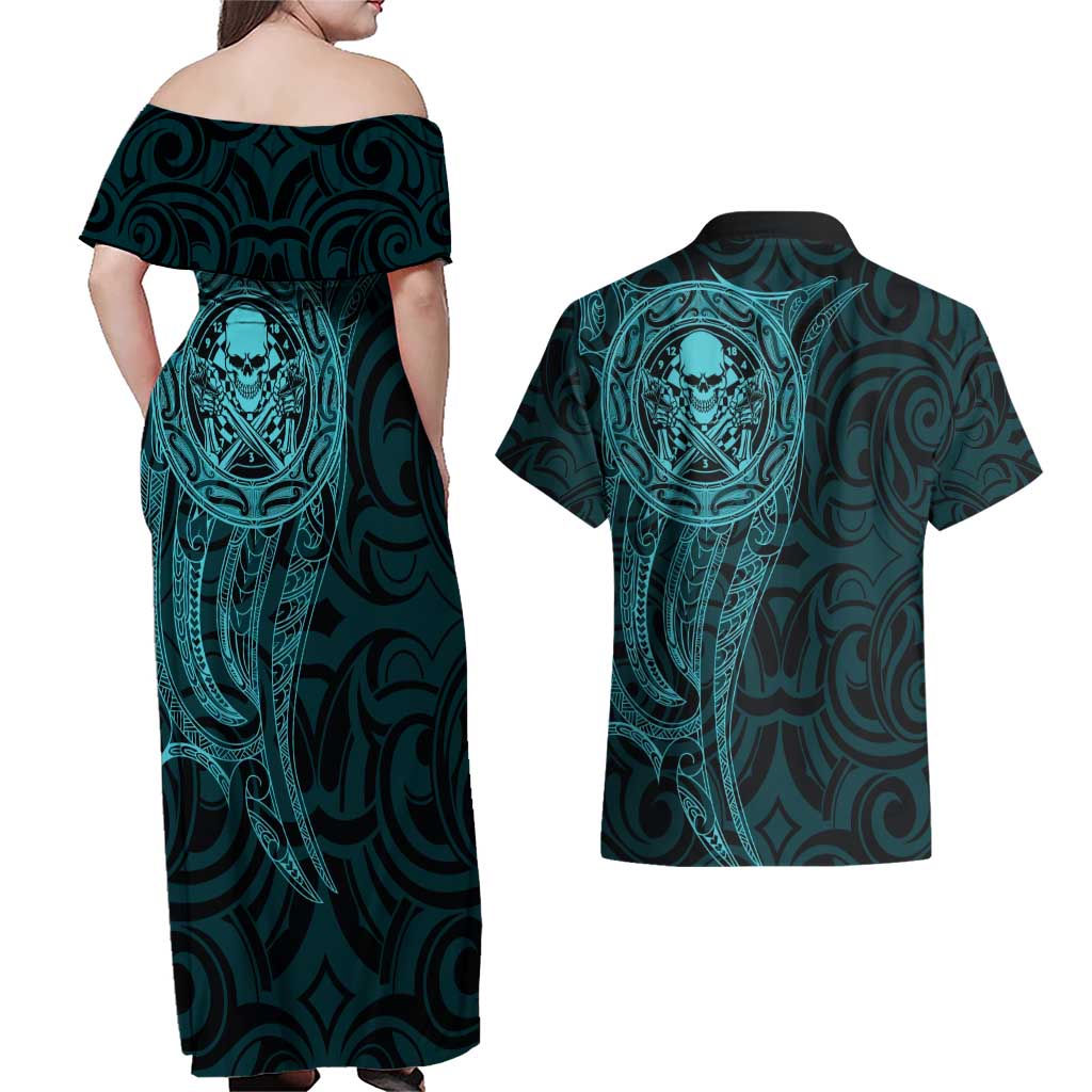 New Zealand Skull Darts Couples Matching Off Shoulder Maxi Dress and Hawaiian Shirt Aotearoa Maori Chest Tattoo Stylized Teal - Polynesian Pride