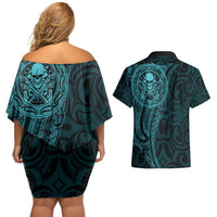 New Zealand Skull Darts Couples Matching Off Shoulder Short Dress and Hawaiian Shirt Aotearoa Maori Chest Tattoo Stylized Teal - Polynesian Pride