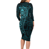 New Zealand Skull Darts Family Matching Long Sleeve Bodycon Dress and Hawaiian Shirt Aotearoa Maori Chest Tattoo Stylized Teal - Polynesian Pride