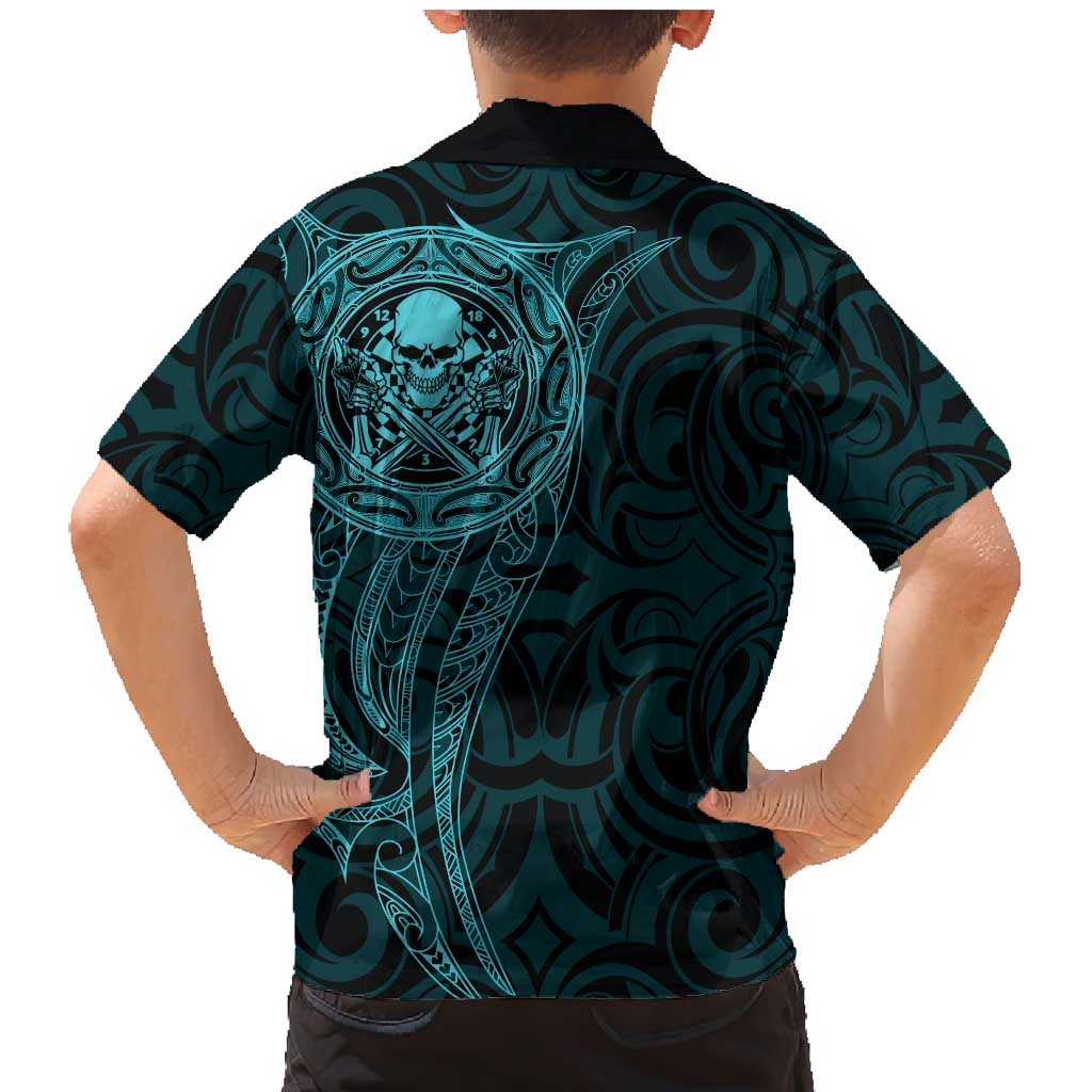 New Zealand Skull Darts Family Matching Mermaid Dress and Hawaiian Shirt Aotearoa Maori Chest Tattoo Stylized Teal - Polynesian Pride