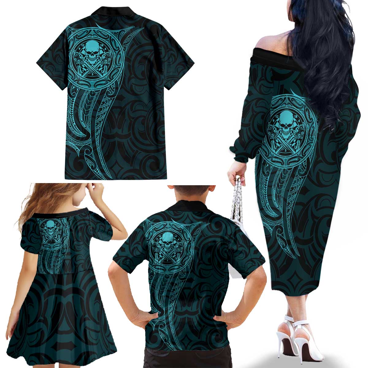 New Zealand Skull Darts Family Matching Off The Shoulder Long Sleeve Dress and Hawaiian Shirt Aotearoa Maori Chest Tattoo Stylized Teal - Polynesian Pride