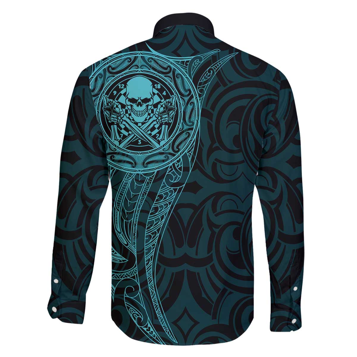 New Zealand Skull Darts Family Matching Off The Shoulder Long Sleeve Dress and Hawaiian Shirt Aotearoa Maori Chest Tattoo Stylized Teal - Polynesian Pride