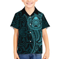 New Zealand Skull Darts Family Matching Off The Shoulder Long Sleeve Dress and Hawaiian Shirt Aotearoa Maori Chest Tattoo Stylized Teal - Polynesian Pride