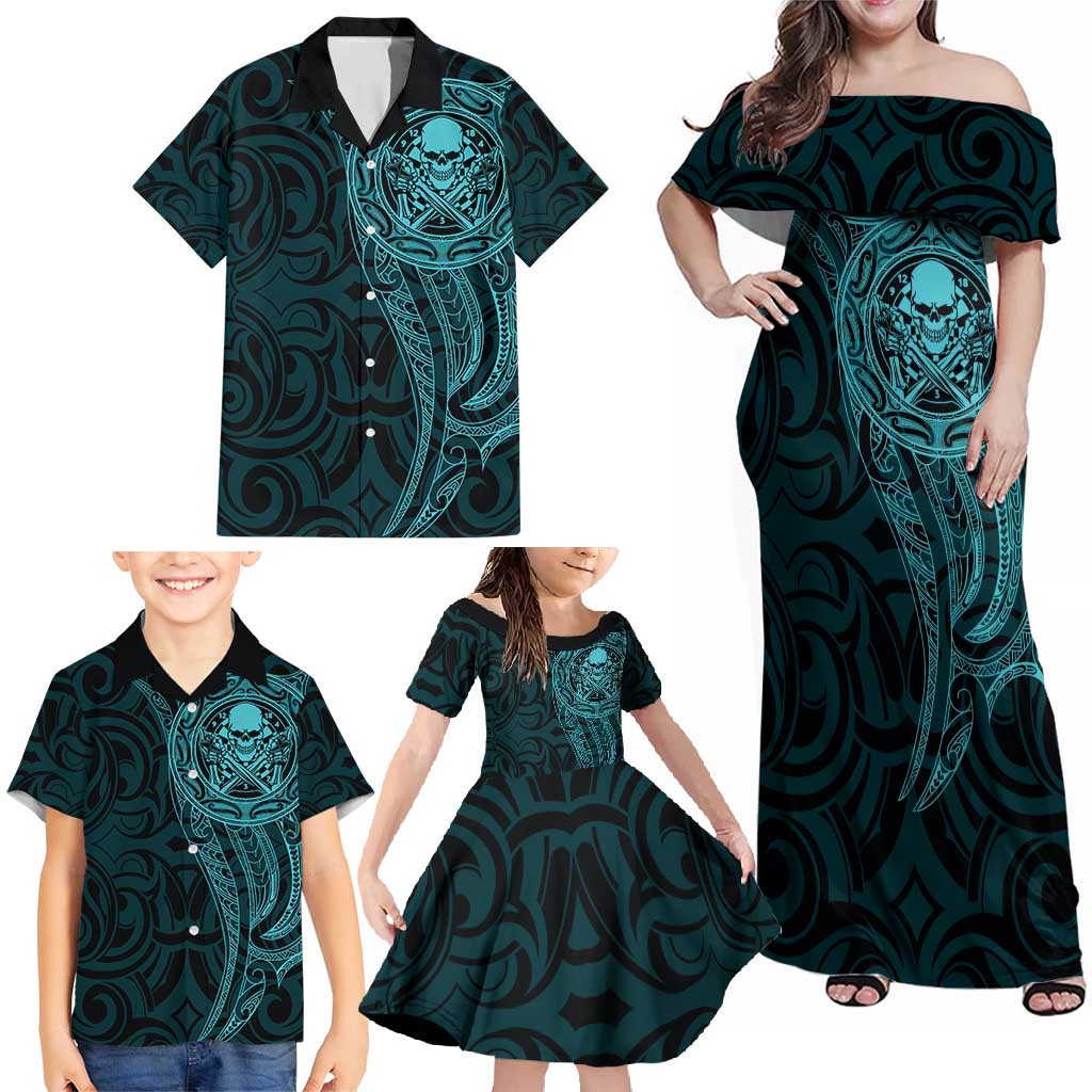 New Zealand Skull Darts Family Matching Off Shoulder Maxi Dress and Hawaiian Shirt Aotearoa Maori Chest Tattoo Stylized Teal - Polynesian Pride