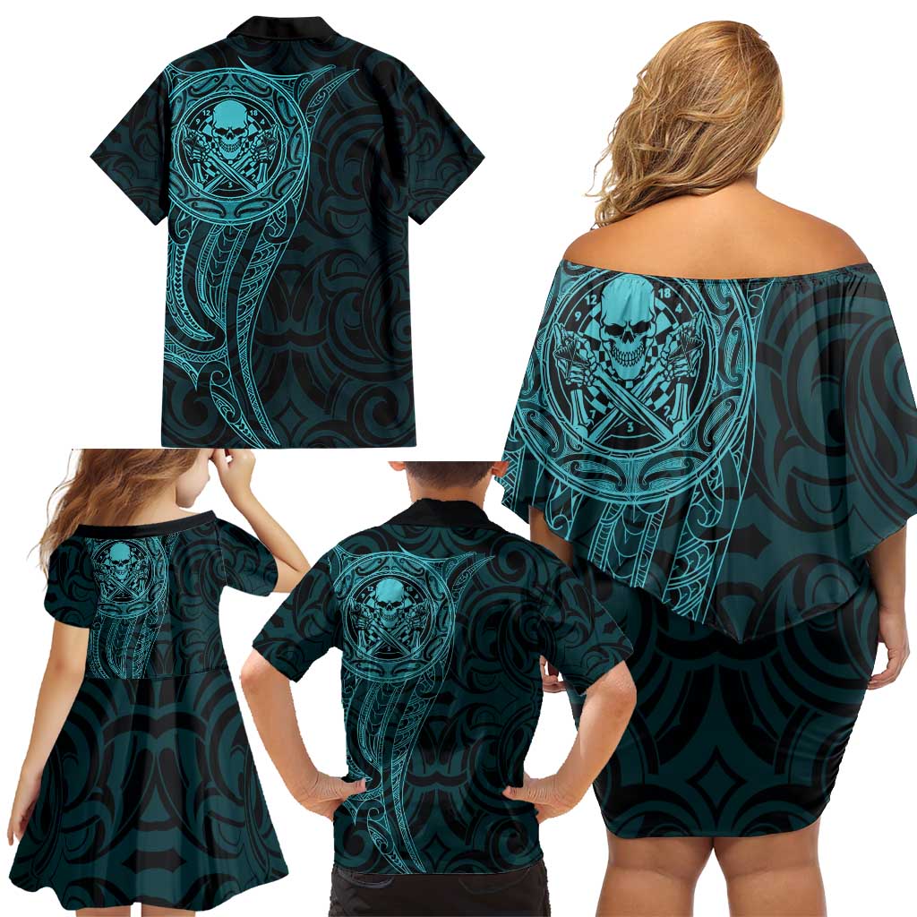 New Zealand Skull Darts Family Matching Off Shoulder Short Dress and Hawaiian Shirt Aotearoa Maori Chest Tattoo Stylized Teal - Polynesian Pride