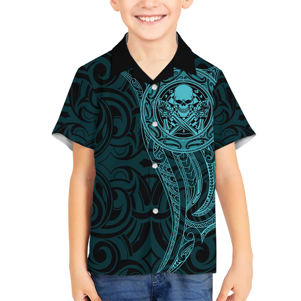 New Zealand Skull Darts Family Matching Puletasi and Hawaiian Shirt Aotearoa Maori Chest Tattoo Stylized Teal - Polynesian Pride
