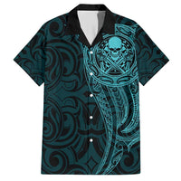 New Zealand Skull Darts Family Matching Short Sleeve Bodycon Dress and Hawaiian Shirt Aotearoa Maori Chest Tattoo Stylized Teal - Polynesian Pride