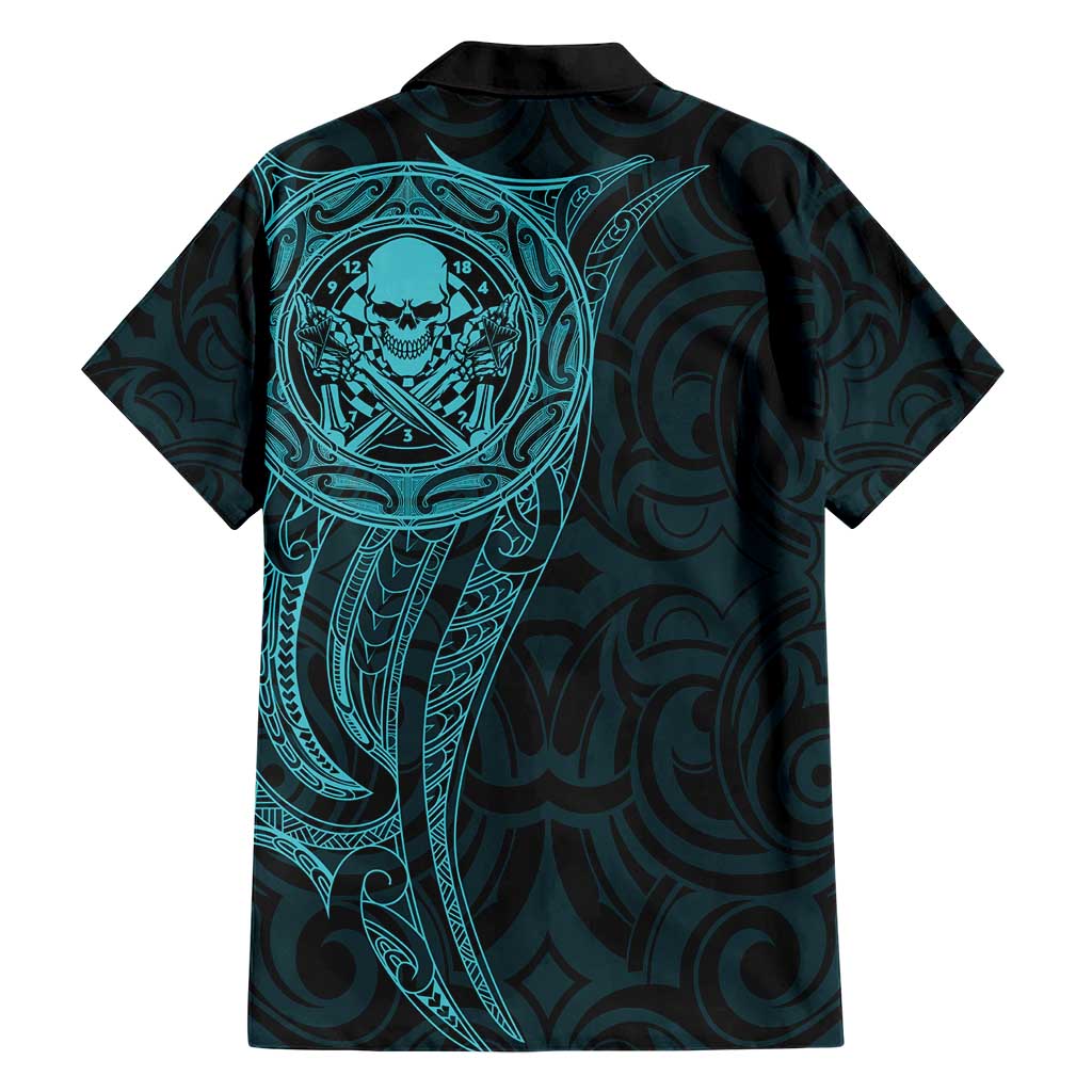 New Zealand Skull Darts Family Matching Short Sleeve Bodycon Dress and Hawaiian Shirt Aotearoa Maori Chest Tattoo Stylized Teal - Polynesian Pride