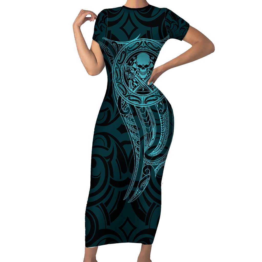 New Zealand Skull Darts Family Matching Short Sleeve Bodycon Dress and Hawaiian Shirt Aotearoa Maori Chest Tattoo Stylized Teal - Polynesian Pride