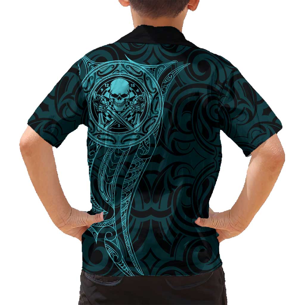 New Zealand Skull Darts Family Matching Summer Maxi Dress and Hawaiian Shirt Aotearoa Maori Chest Tattoo Stylized Teal - Polynesian Pride